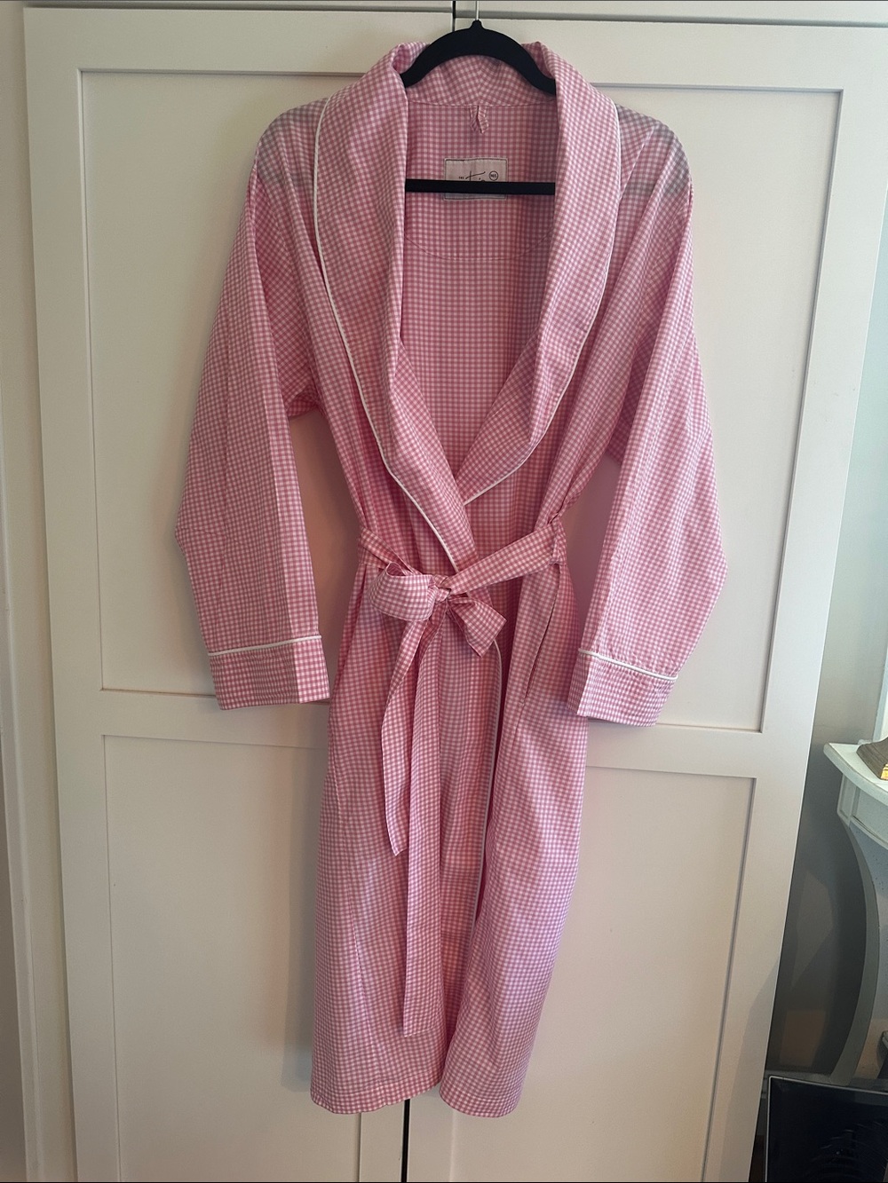 THE CAT’S PAJAMS PINK COTTON GINGHAM BATHROBE WITH WHITE TRIM